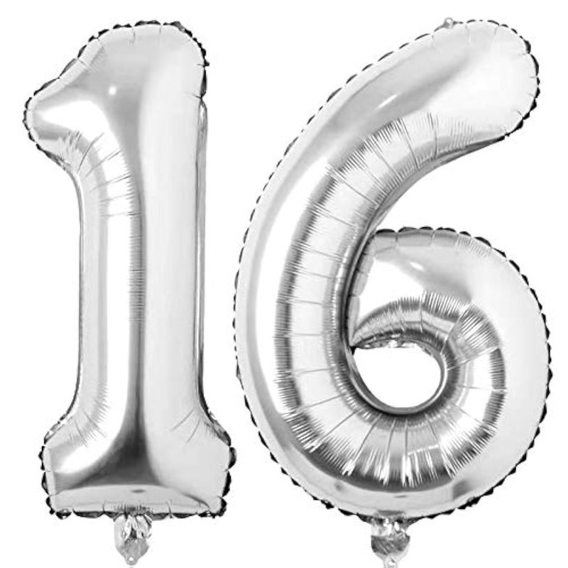 Jonhamwelbor 16 Number Balloons Silver Giant Jumbo Big Large Number 16 Foil Mylar Balloons for Sweet 16th Birthday Party Supplies 16 Anniversary Events Decorations - Image 1